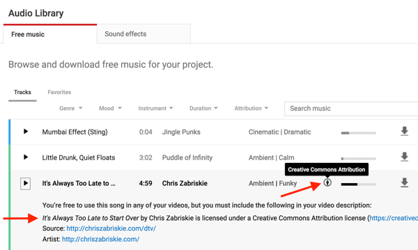 „YouTube“ garso bibliotekoje esantys muzikos failai bus pažymėti, jei jums reikia įskaityti pradinį kūrėją.