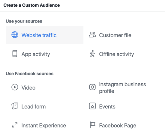 Norėdami pasirinkti svetainės srautą kaip auditorijos šaltinį, naudokite „Facebook“ renginių sąrankos įrankį, 14 veiksmo „Facebook“ meniu parinktį
