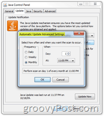 Ekrano vaizdas: „Java“ valdymo skydelio atnaujinimo kortelė kas mėnesį