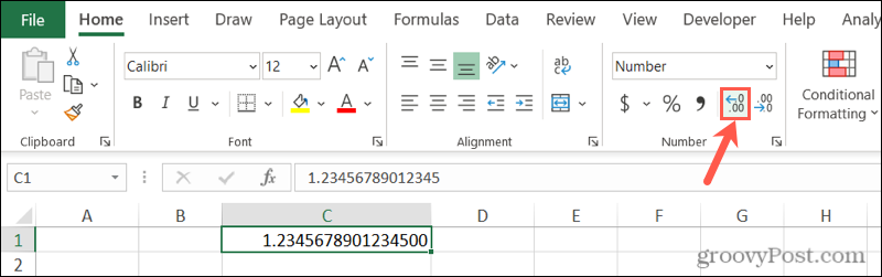 Nustokite „Excel“ apvalinti skaičius naudodami mygtuką „Didinti dešimtainį skaičių“