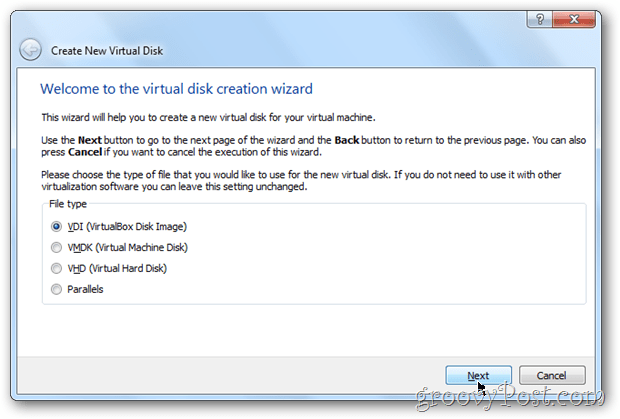 Pasirinkite „VirtualBox“ virtualiojo lango disko vaizdo tipo „Windows 8“