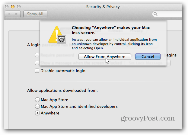 Išjunkite „OS X Mountain Lion Gatekeeper“ apsaugą