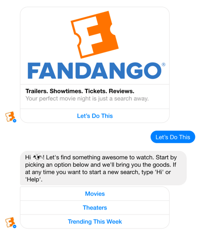 „Fandango“ „Facebook Messenger“ pokalbių svetainė padeda vartotojams pasirinkti filmus.