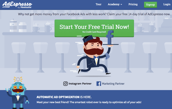 Norėdami valdyti visus išplėstinių „Facebook“ skelbimų aspektus, naudokite „AdEspresso“.