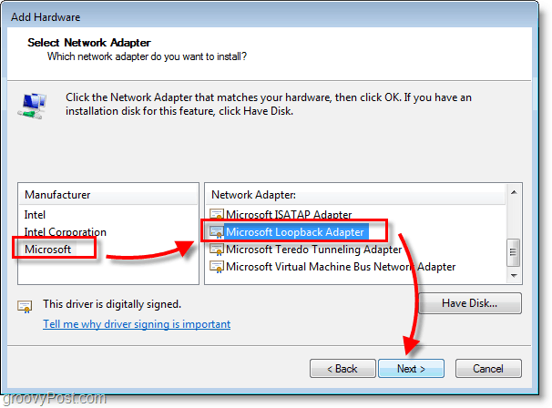 „Windows 7“ tinklų ekrano kopija pasirinkite „Microsoft“> „Microsoft“ atgalinio ryšio adapterį