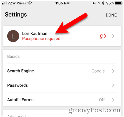 Bakstelėkite Passphrase, kurio reikia „iOS“ skirtoje „Chrome“