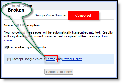 „Google Voice“ paslaugų teikimo sąlygų nuoroda nutrūko