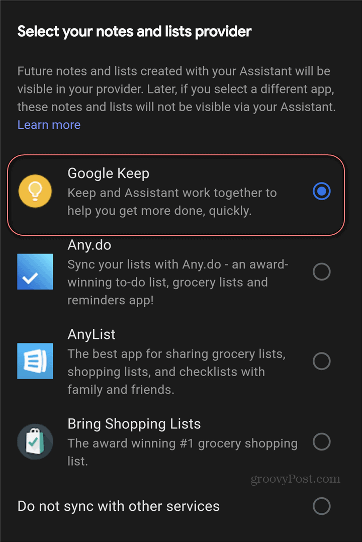„Google Assistant“ „Google Keep“ nustatymų užrašų teikėjas