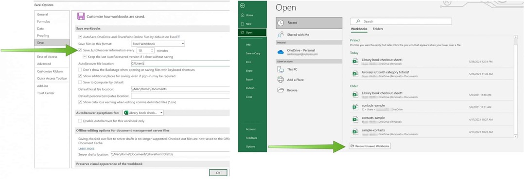 Išsaugokite „Excel“ failus „OneDrive AutoRecover“ sistemoje „Excel“