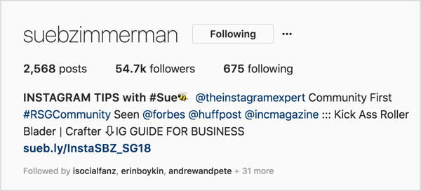Įterpkite CTA nuorodą į „Instagram“ profilio bio skiltį.