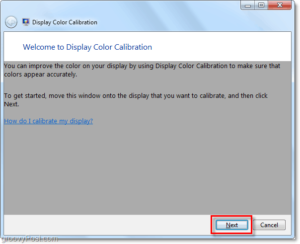„Windows 7“ rodo spalvų kalibravimo pasveikinimo langą