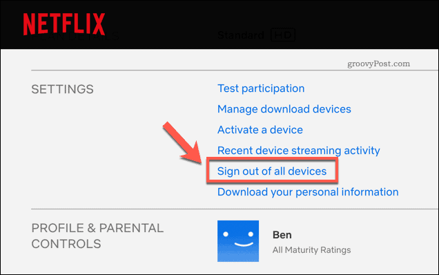 „Netflix“ paskyros nustatymų puslapyje atsijunkite nuo visų „Netflix“ įrenginių