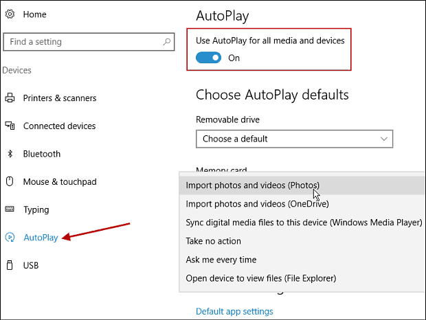 Pasirinkite „AutoPlay Defaults“