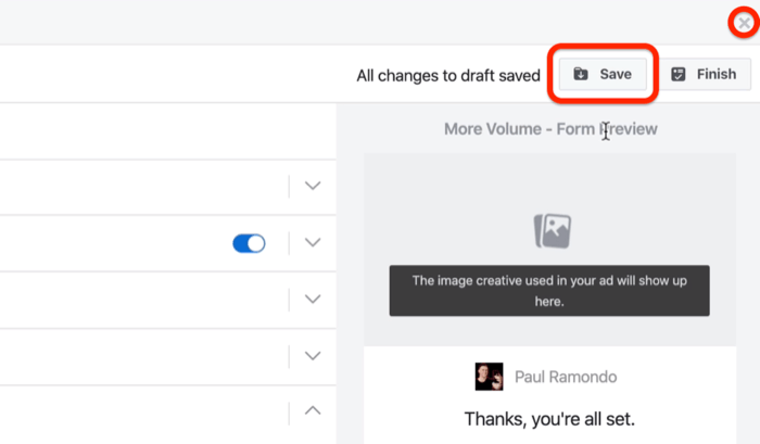 Mygtukas „Išsaugoti“, kad išsaugotumėte „Facebook“ kliento formą kaip juodraštį
