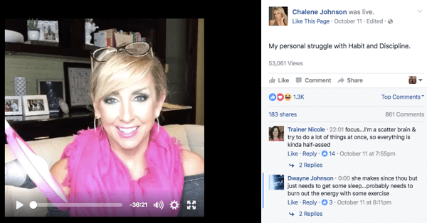 „Facebook Live“ vaizdo įrašas „Chalene“ „Facebook“ puslapyje.
