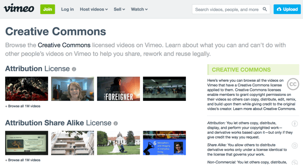 „Vimeo“ grupuoja vaizdo įrašus pagal licencijos tipą ir pateikia kiekvieno tipo paaiškinimus dešinėje.