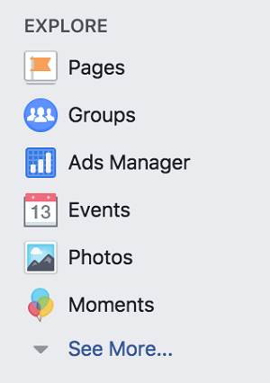 Pasiekite „Facebook“ grupes „Facebook“ asmeninio profilio skyriuje Naršyti.