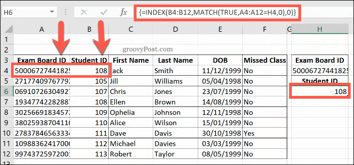 Suderintos INDEX ir MATCH formulės pavyzdys „Excel“