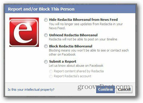 „Facebook“ ataskaita - blokuoti parinktis
