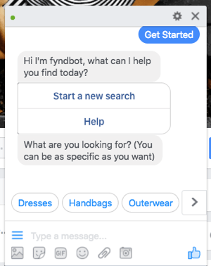 Šis „Facebook Messenger“ pokalbių robotas padeda klientams rasti drabužių, kuriuos galima įsigyti.