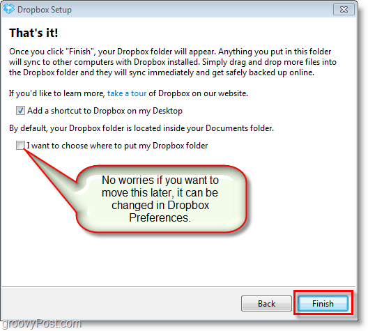 „Dropbox“ ekrano kopija - koreguokite galutines nuostatas ir pakeiskite „dropbox“ vietą