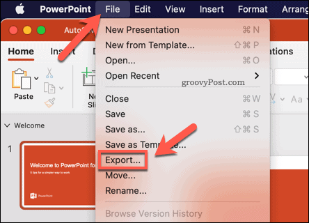 „PowerPoint“ pristatymo kaip vaizdo įrašo eksportavimas į „Mac“