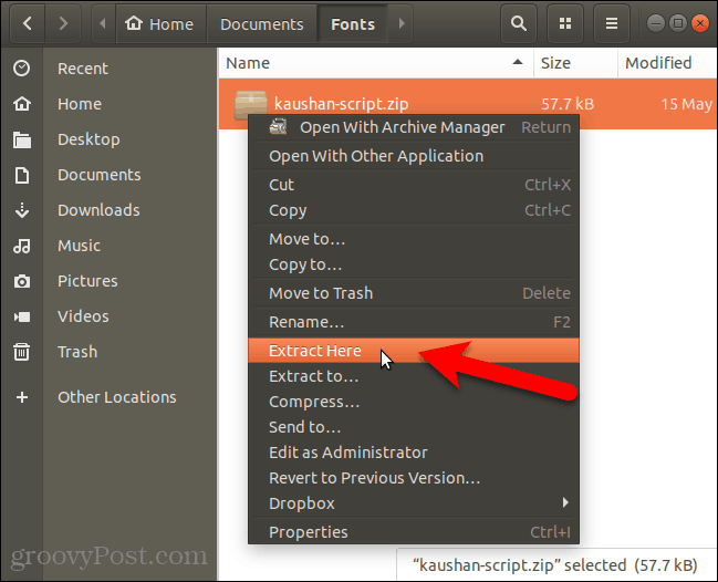 Ištraukite šrifto failą „Nautilus“ Ubuntu