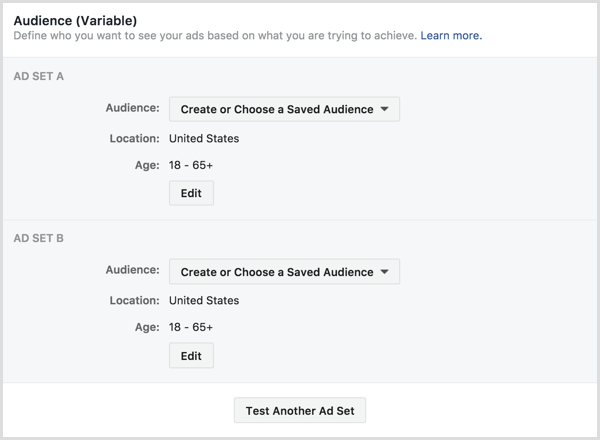 „Facebook“ skelbimų padalijimo skelbimų rinkiniai