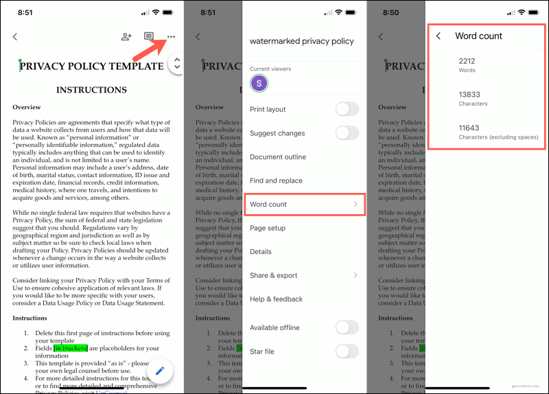 Žodžių skaičius „Google“ dokumentų mobiliajame telefone