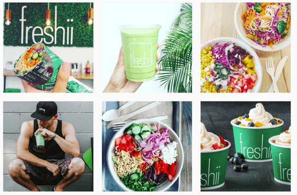 „Freshii“ įtraukia savo logotipą į daugelį savo „Instagram“ nuotraukų.