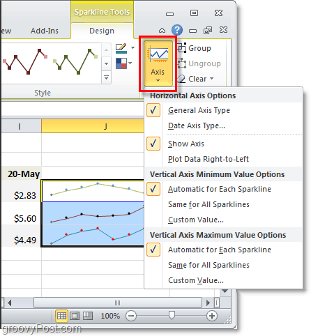 pakeisk putojančių ašį programoje „excel 2010“