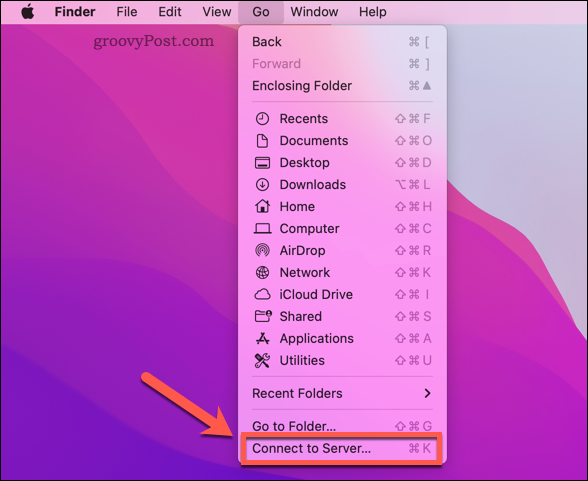 Atidarykite „Mac Finder“ prisijungimo prie serverio parinktį