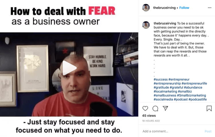Bruce'o Irvingo „Instagram“ įrašas apie tai, kaip elgtis kaip baimė kaip verslo savininkas