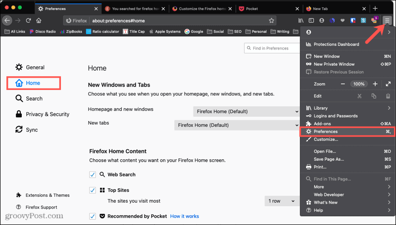 „Firefox“ nuostatų pagrindinis puslapis „Mac“