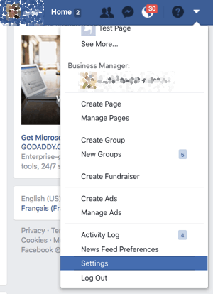 Išskleidžiamajame rodyklėje pasiekite „Facebook“ profilio nustatymus.
