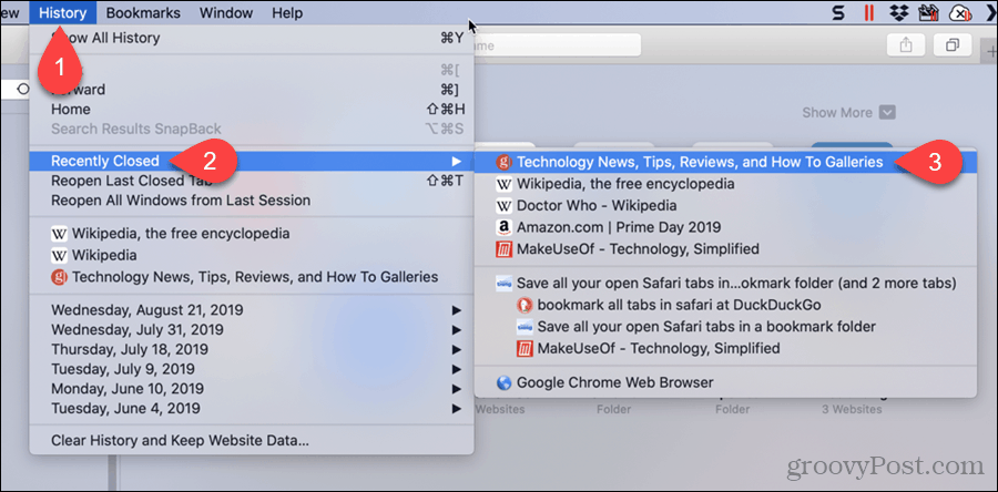„Safari“ pasirinkite skirtuką Neseniai uždarytas