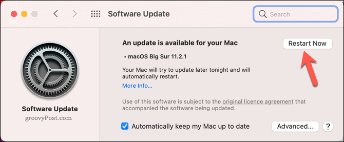 Paleiskite „Mac“ iš naujo, kad pradėtumėte sistemos naujinimą