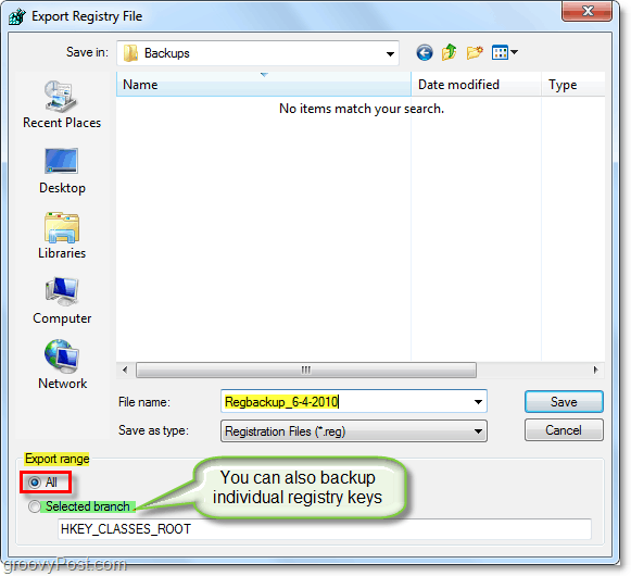 išsaugokite registro atsarginę kopiją „Windows 7“ ir „Vista“
