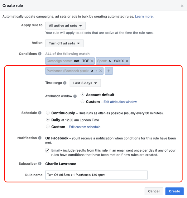 Naudokitės „Facebook“ automatinėmis taisyklėmis, sustabdykite skelbimų nustatymą, kai išlaidos yra du kartus didesnės už kainą ir yra mažesnės nei 1 pirkimas, 3 žingsnis, papildomi taisyklių nustatymai