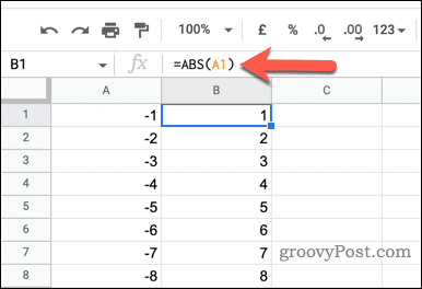 ABS funkcijos naudojimas „Google“ skaičiuoklėse