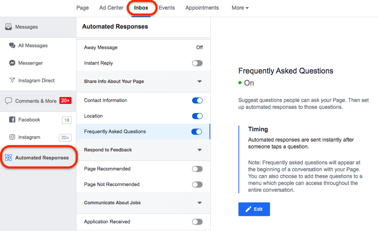 „Facebook Inbox“ skilties „Automatiniai atsakymai“ ekrano kopija