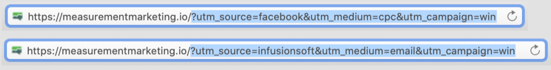URL su „utm“ žymomis, užkoduotomis paryškintomis URL utm dalimis, pavyzdys, rodant „facebook“ / „cpc“ ir „infusionsoft“ / el. paštą kaip laimėjimo kampanijos parametrus