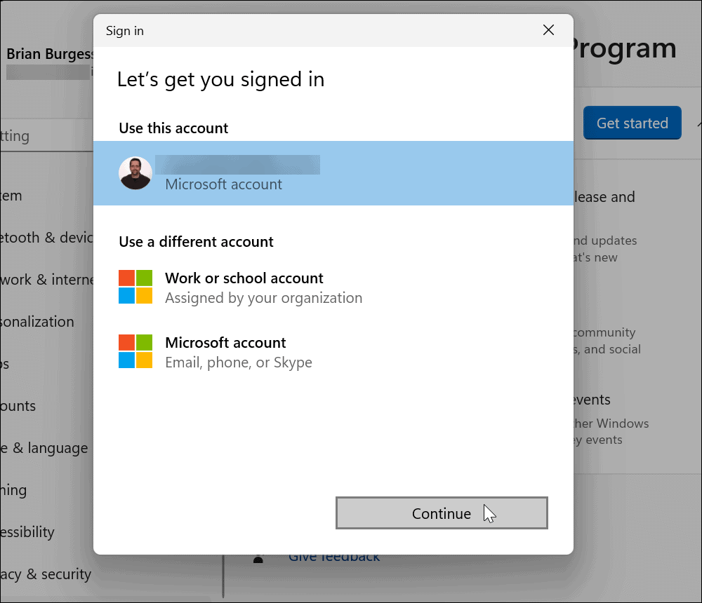 pasirinkite „Microsoft“ paskyrą