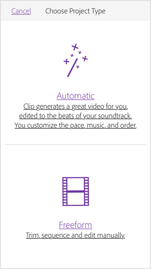 Pasirinkite „Automatinis“, kad „Adobe Premiere Clip“ sukurtų jums vaizdo įrašą.