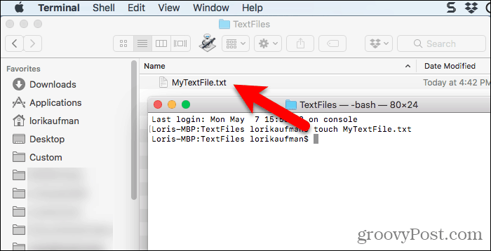 Teksto failas, sukurtas naudojant „touch“ komandą „Mac“ terminale