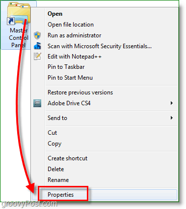 „Windows 7“ ekrano kopija - dešiniuoju pelės mygtuku spustelėkite nuorodą ir eikite į ypatybes