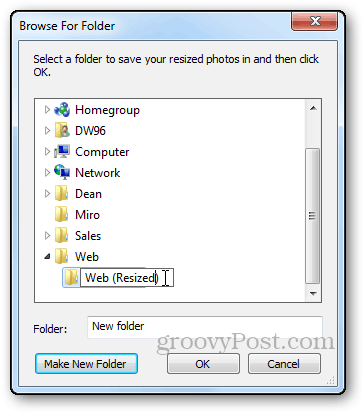 nuotraukos, kurių dydis keičiamas pamoka „Windows Live“ fotogalerija keičia dydį apibrėžti katalogą padaryti naują aplanką naršyti aplanko dialogo lange