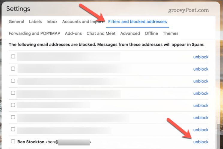 Atblokuokite naudotoją „Gmail“.