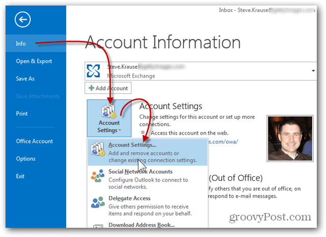 Pridėti pašto dėžutę „Outlook 2013“ - spustelėkite Informacijos abonemento nustatymai