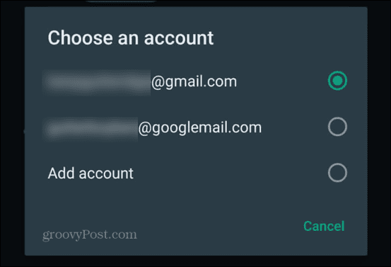 WhatsApp pasirinkite gmail paskyrą